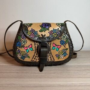 Hand Tooled Mexican Leather Floral Butterfly Crossbody Bag Brown Small